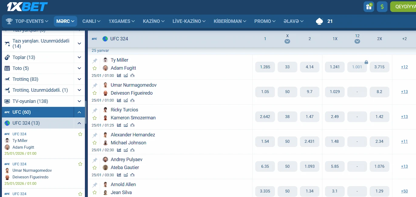 UFC təqvimi 1xBet-də – UFC 324 tədbiri üzrə döyüş kartları, tarixlər və qarşılaşmalar turnir cədvəli kimi təqdim olunur